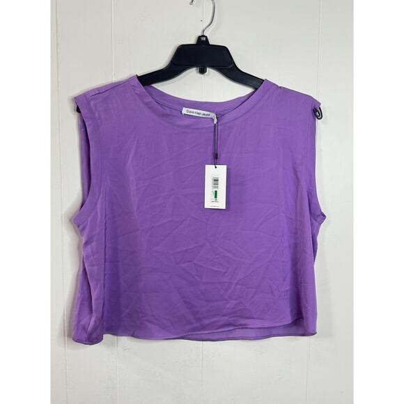 Calvin Klein Womens Top Size Large Purple Sleeveless Crew Neck Cropped Silky New - Picture 1 of 11